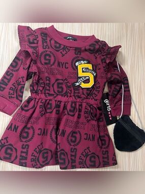 Girls Burgundy Long-Sleeve Logo Print Dress with Purse